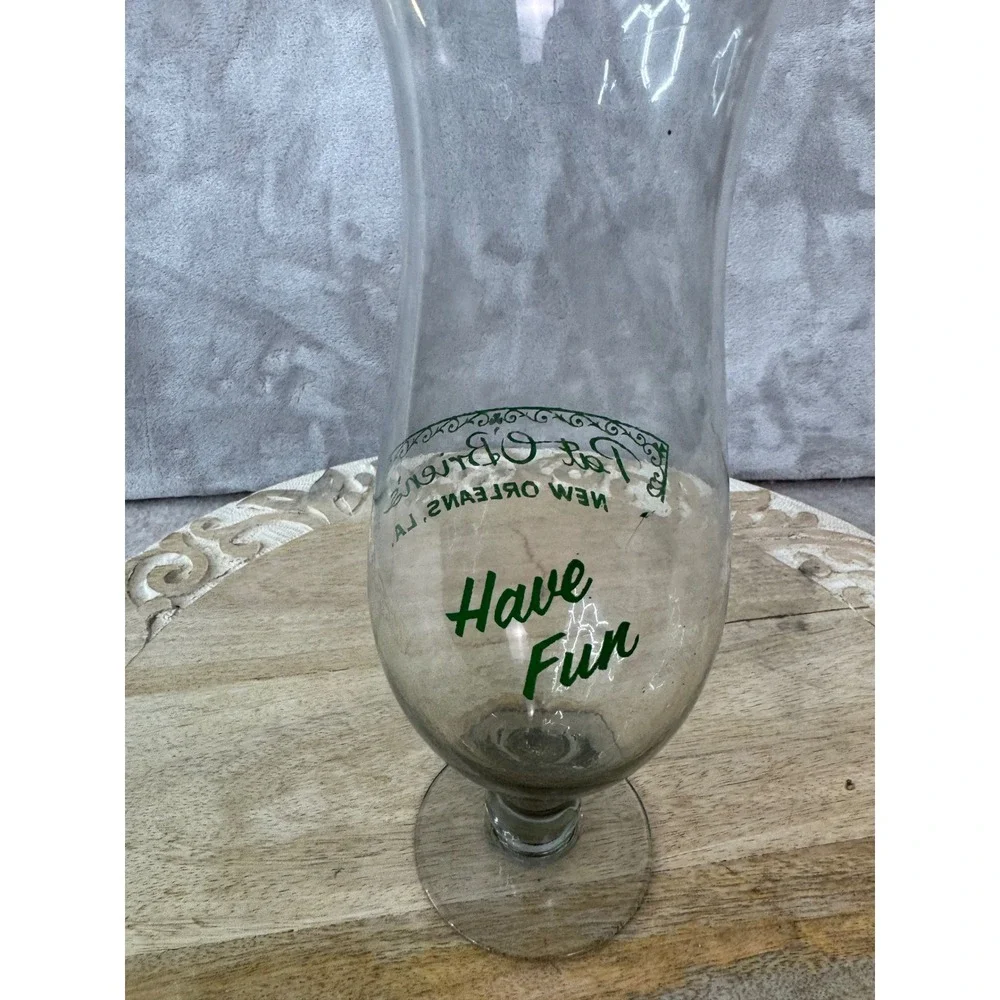 Pat O'Briens New Orleans Hurricane Glass Have Fun Green‎ Logo Souvenir 10 inch